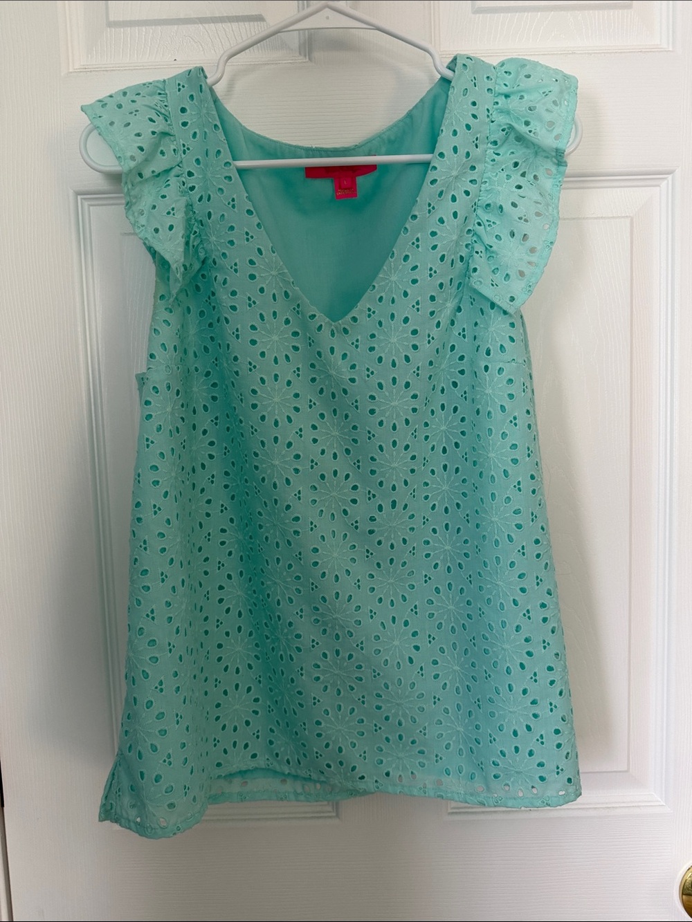 Lilly Pulitzer Mint Eyelet Ruffle sleeve V-Neck blouse